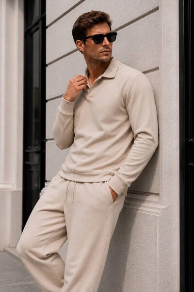 MADZEYMODA Men's Beige Crep Polo Collar Sweat & Baggy Pants Bottom Top 2-Piece Set Ls-39174
