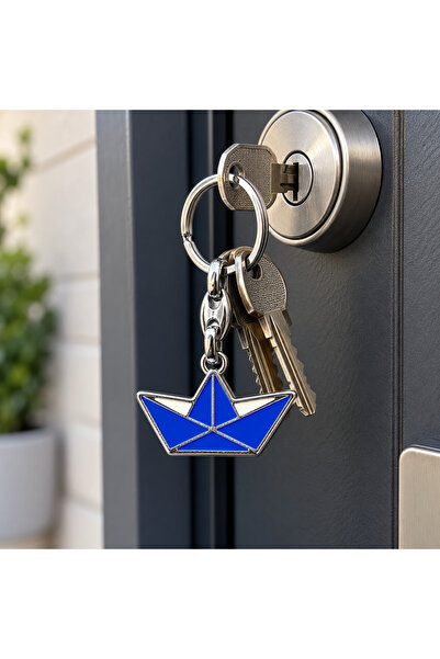 HER ŞEY NOTA www.herseynota.com Metal Keychain with Blue Paper Ship Design – ...