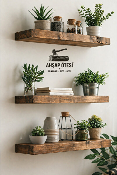 AHŞAP ÖTESİ 3'Lü Doğal Ahşap Duvar Rafı 35x14 cm Gizli Askı Sistemli Yüzer Ra...