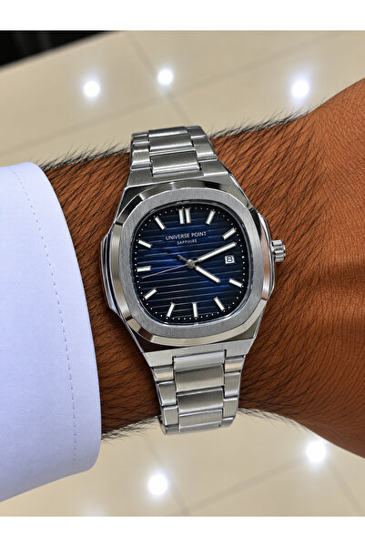 Generic Brand ساعة Universe Point باللون الفضي والمينا الأزرق LOOSTER TIME
