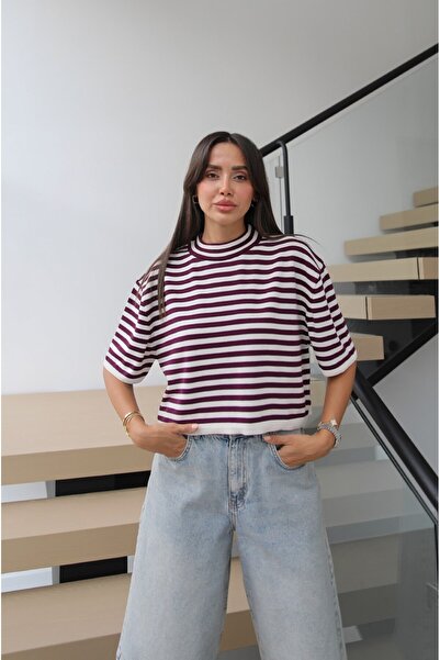 Havoş Mürdüm Striped Kısa Kollu Triko