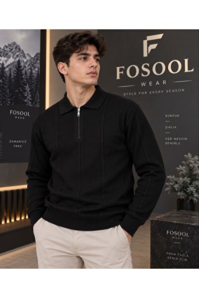 FOSOOL Erkek Polo Yaka Fermuarlı Triko Kazak – Uzun Kollu Şık Günlük Kışlık K...