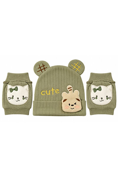 casa nexa Baby Teddy Bear Hat and Knee Protector Set 2 Piece Cat Pattern Craw...