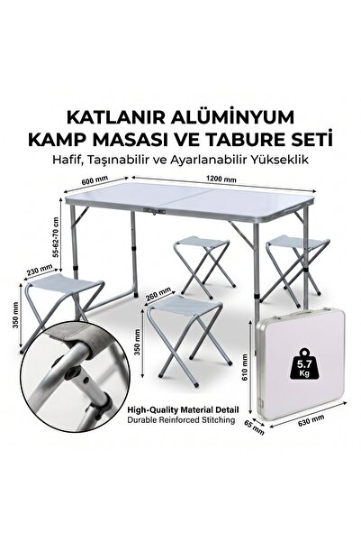Katlanabilir Alüminyum Kamp Masası ve 4 lü Tabure Seti
