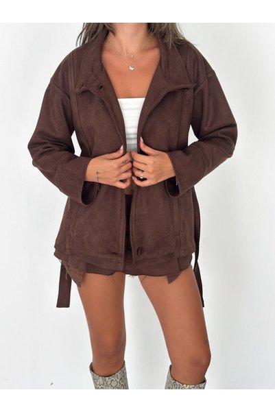 MİSPİER Suede Lined Belted Front Tie Buttoned Jacket