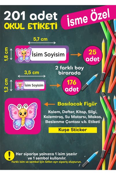 Okul Etiketi Kişiye Özel Okul Etiketi Kalem Defter Etiketi İsimli Sticker İsme Özel Okul Etiketi kelebek