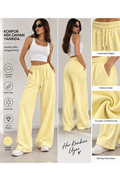 Ravello Collection Kadın Limon Sarısı Beli Lastikli Bağcıklı Bol Paça Eşofman...