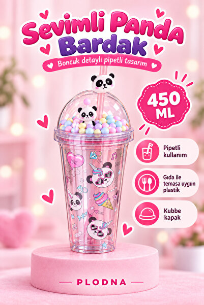 Plodna House 450 ml Panda Figürlü Pipetli Bardak Boncuklu Kubbe Kapaklı Çocuk...