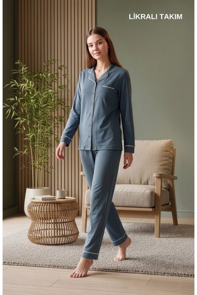 Over Sleep by Poleren Women's Lycra Pajama Set - Long Sleeve Shirt Collar, Co...
