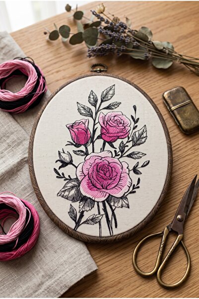 Silkensoul Pembe Gül ve Botanik Desenli Doğal Dokulu Oval Ahşap Kasnak Nakış ...