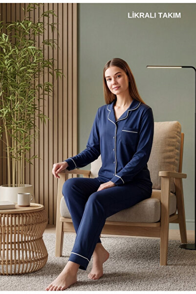 Over Sleep by Poleren Kadın Likralı Pijama Takımı- Uzun Kollu Gömlek Yaka ,Ra...