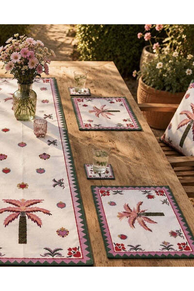 LAMUA HOME Palm Desenli 6 Kişilik Sunum Seti Runner Supla Bardak Altlığı Kırlent 15 Parça