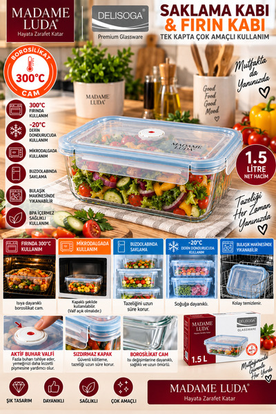 Delisoga 1.5 Litre Borosilikat Cam Saklama Kabı & Fırın Kabı 300°C / Kapaklı ...