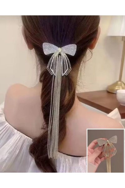 Lunarie Bowknot Zircon Stone Chain Pendant Gold Hair Clip - Stylish and Glamo...