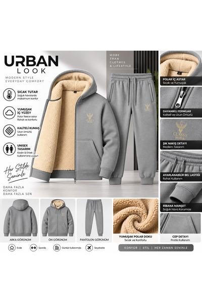 Urban Look Unisex Polar Astarlı Fermuarlı Kapüşonlu Eşofman Takımı – Sıcak Tu...