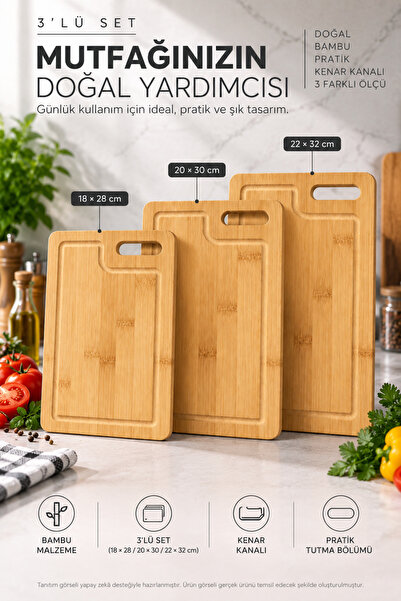 Bambu 3'lü Kesme Tahtası Seti 18x28 20x30 22x32 cm Kenar Kanallı Pratik Tutma Bölümü Doğal Bambu Set