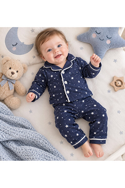 EMSTA BABY YILDIZ DESENLİ UZUN KOLLU BEBEK PİJAMA TAKIMI-%100 PAMUKLU