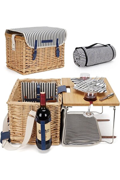 HappyPicnic Hasır Piknik Sepeti Seti, 2 Kişilik, Bambu Şarap Masalı, Cam Kadehli