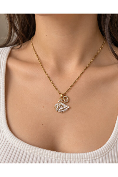 Alya Jewelry Çelik Beyaz Kuğu Kişiselleştirilebilir Harf Kolye
