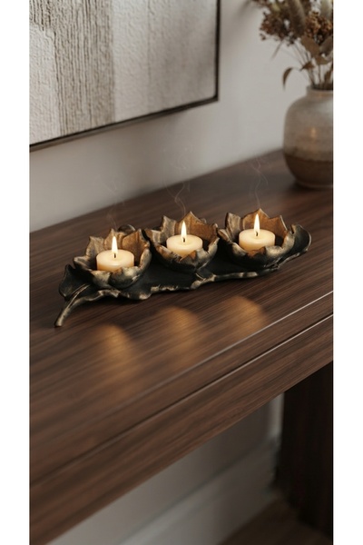 Dekoromi El Boyaması Dekoratif Yaprak İçinde 3'lü Lotus Mumluk 42 x 18 cm Dek...