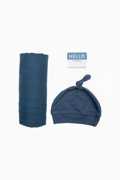 Lulujo Navy Blue Bamboo Muslin Swaddle Blanket and Newborn Hat Gift Set - Nav...