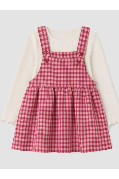 LC Waikiki Lcw Baby Pink Plaid Baby Girl Salopet Dress Set