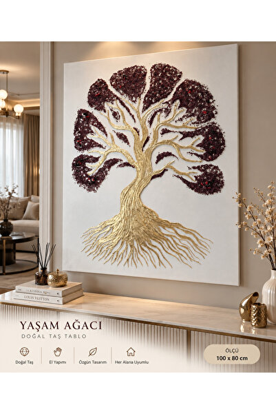 Genel Markalar El Yapımı 3D Yaşam Ağacı Duvar Tablosu – Doğal Taşlı, Altın Va...