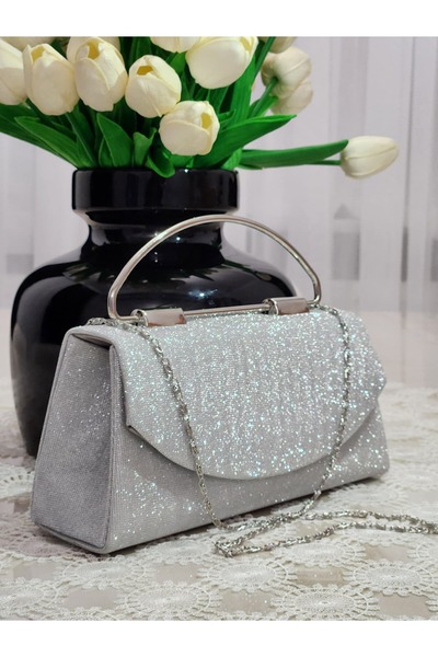 Meryliva Bags Kadın Işıltılı Simli Abiye Çanta Metal Saplı Zincir Askılı Düğü...