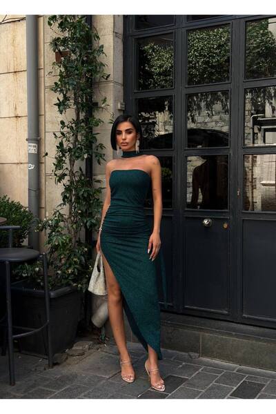 North Fashion Şallı Yırtmaç Detaylı Uzun Elbise