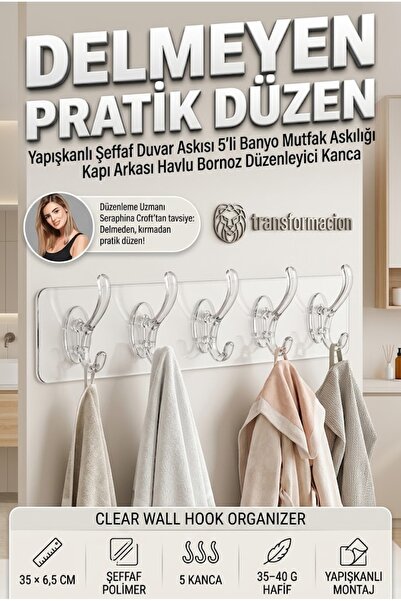 Transformacion Yapışkanlı Şeffaf Duvar Askısı 5'li Banyo Mutfak Askılığı Kapı...