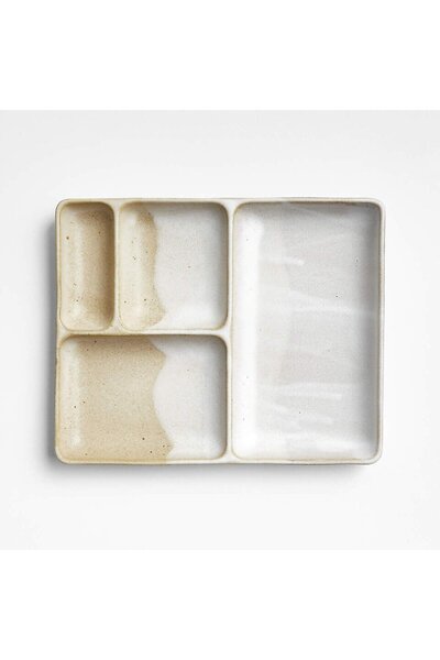 Crate & Barrel Kaito Rectangular Ceramic Bento Plate, Handmade, 4 Compartments
