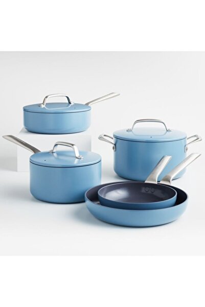 Crate & Barrel Evencook Ceramic Denim, Nonstick 8-Piece Cookware Set with Bonus