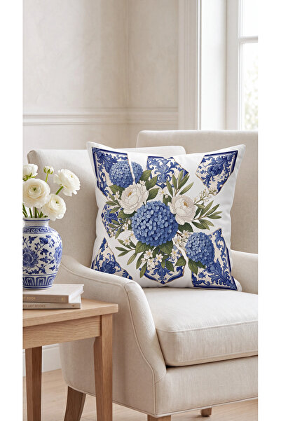 MUN HOME Villa Azzurra Flower Pattern Navy Blue White Beige 1 Piece Throw Pil...