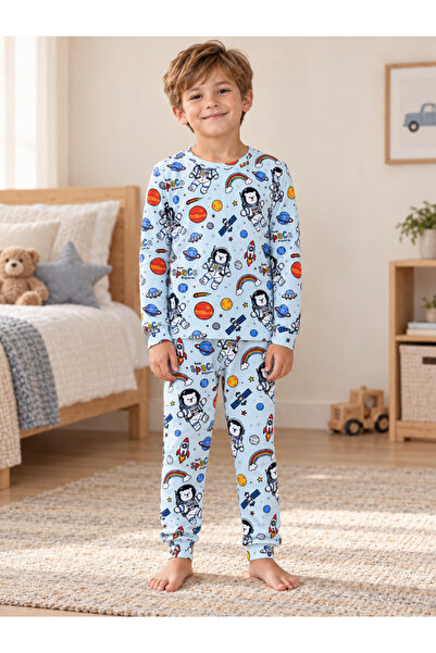 Turuncu kids Erkek Çocuk Açık Mavi Uzay Desenli Uzun Kollu Pijama Takımı