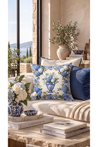 MUN HOME Villa Azzurra Flower Pattern Navy Blue White Beige 1 Piece Throw Pil...