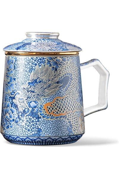 fanquare Chinese Dragon Blue Porcelain Teacup with Infuser and Lid, 350ml Cer...