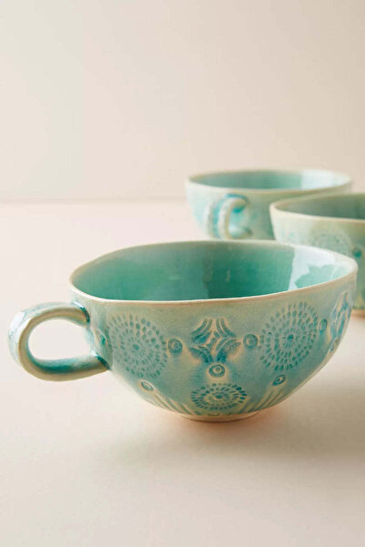 Anthropologie Old Havana Reactive Glazed Ceramic Mug Set of 4 - Green