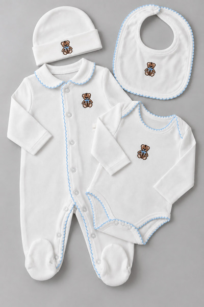 My Babies Label Premium Ayıcık Nakışlı 4 Parça %100 Pamuklu Tulum Set