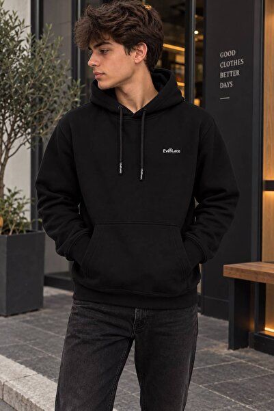 EverLace Erkek Siyah Çelik Kumaş İki Katlı Kapüşonlu Oversize Sweatshirt