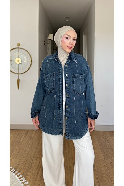 NİLNUR MODA قميص دينيم نسائي مزين باللؤلؤ من الموسم الجديد