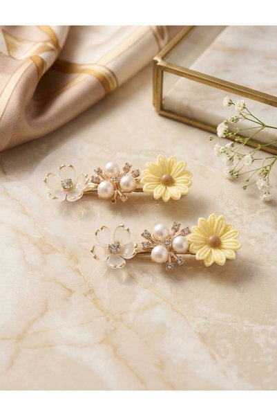 Ekol Aksesuar 2’Li İncili Taşlı Çiçekli Çocuk Yan Toka 6 Cm