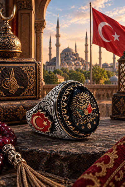 Siset Gümüş 925 Ayar Oniks Taşlı Osmanlı Devlet Armalı Erkek Gümüş Yüzük