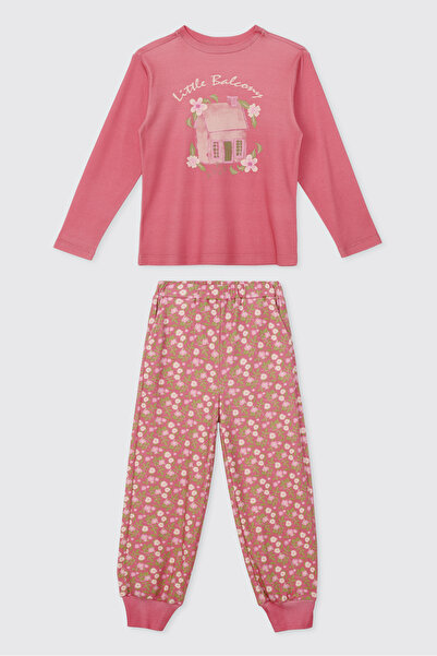 Panço Kız Çocuk Bisiklet Yaka Desenli Pembe Pijama Takımı