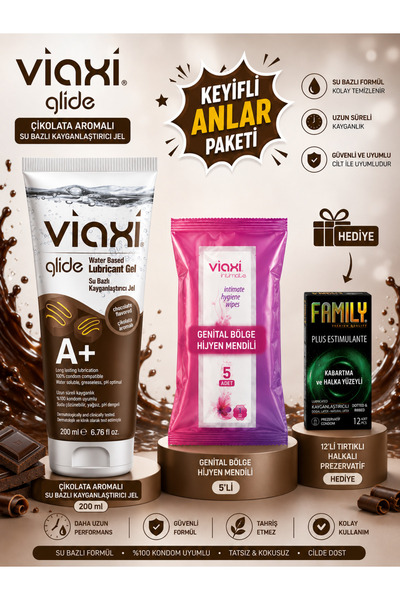 Viaxi Çikolatalı Kayganlaştırıcı Jel 100 ml-5x Genital Hijyen Mendil+12'li Tı...