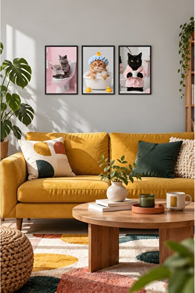 ZURİ DESİGN Mizahi Kedi Gazete Küvet Bornoz 3'lü Set Çerçeve Görünümlü MDF Du...