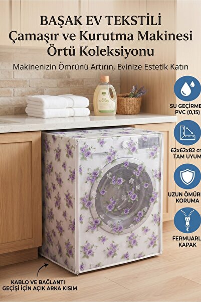 Mikasso Şeffaf Pvc Çamaşır Ve Kurutma Makinesi Örtüsü – Mor Çiçek Desenli, Su...