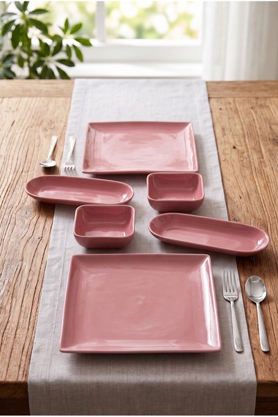 h homerest Kahvaltı Seti 6 Parça 2 Kişilik Pembe Kare Servis Tabağı Kayık Tab...