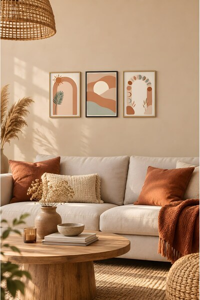 ZURİ DESİGN Boho Kemer Güneş Tepeler Ay Evreleri 3'lü Set Çerçeve Görünümlü M...
