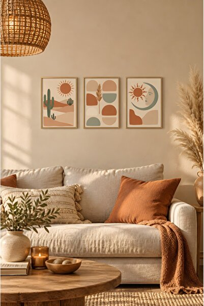 ZURİ DESİGN Boho Çöl Kaktüs Pampas Güneş Ay Yüzü 3'lü Set Çerçeve Görünümlü M...