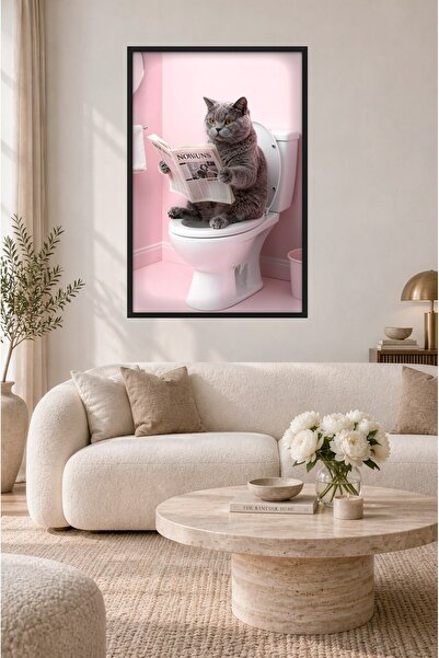 ZURİ DESİGN Mizahi Kedi Gazete Okuyan Kedi Tablo Çerçeve Görünümlü MDF Duvar ...